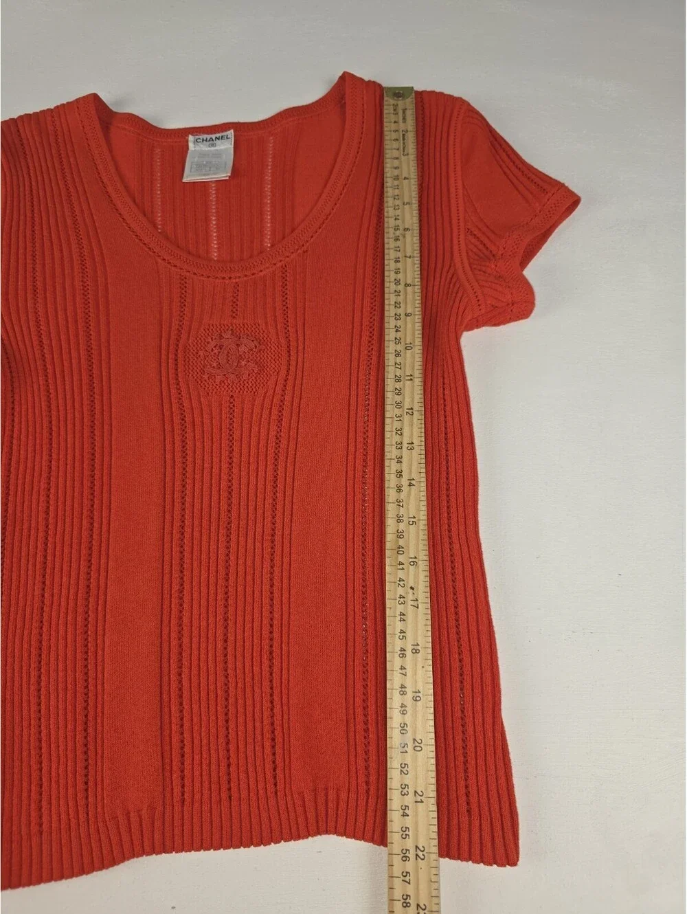 Vintage Chanel Monogram CC Knit Short Sleeve Ribbed Top Red Size 46 MINT